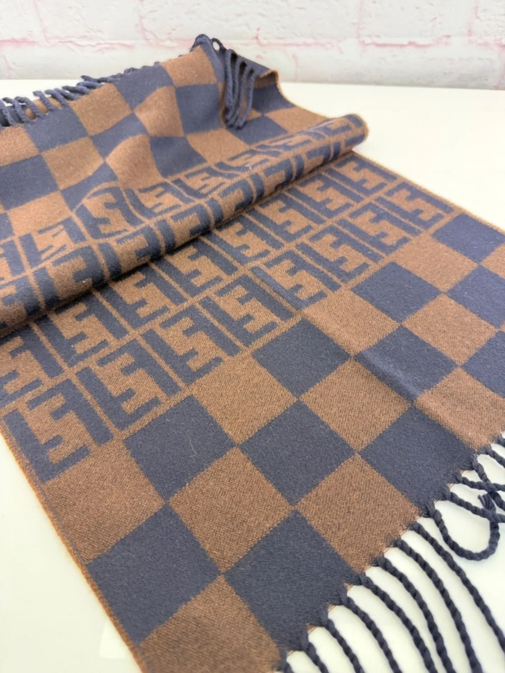 Fendi Brown and Navy Checker Scarf with FF Logo Fringe